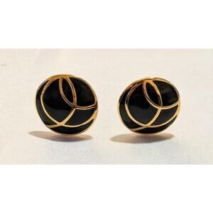 Vintage MONET Gold Tone Metal w/ Navy Enamel 1" Round Pierced Earrings Signed